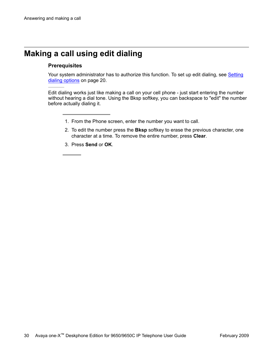 Making a call using edit dialing | Avaya 9650C User Manual | Page 30 / 62