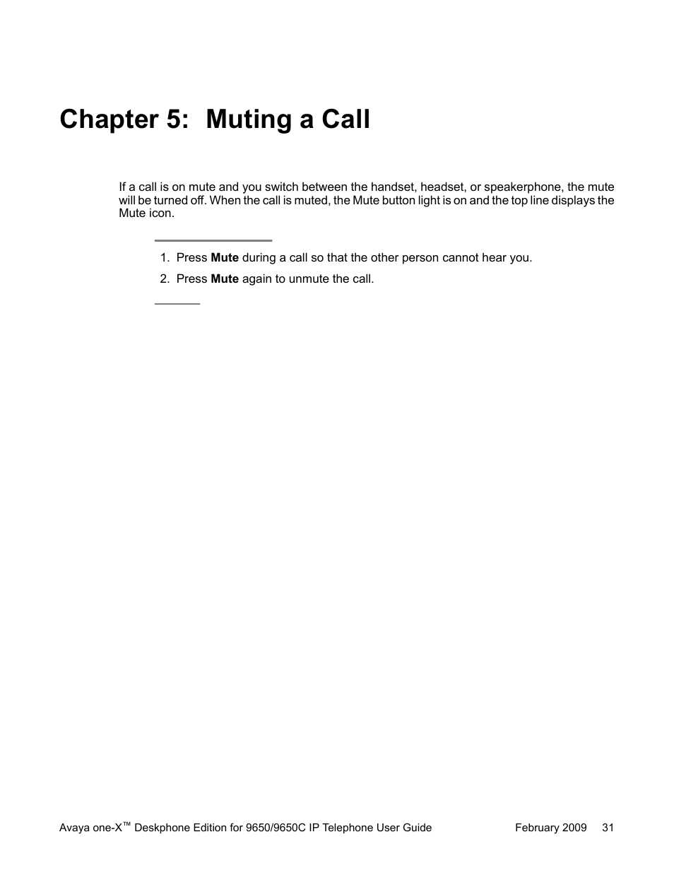 Chapter 5: muting a call | Avaya 9650C User Manual | Page 31 / 62