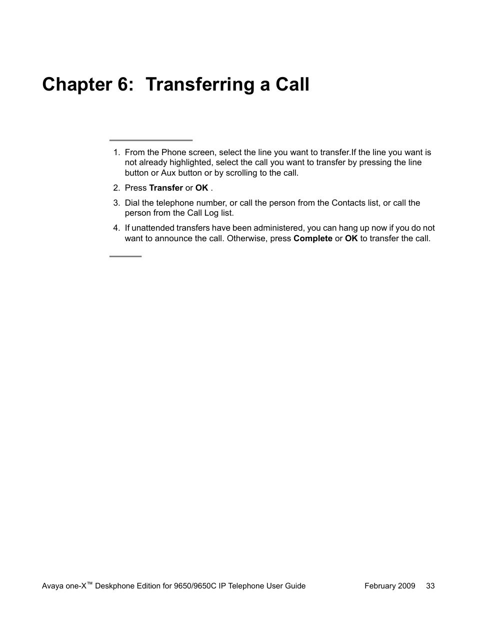 Chapter 6: transferring a call | Avaya 9650C User Manual | Page 33 / 62