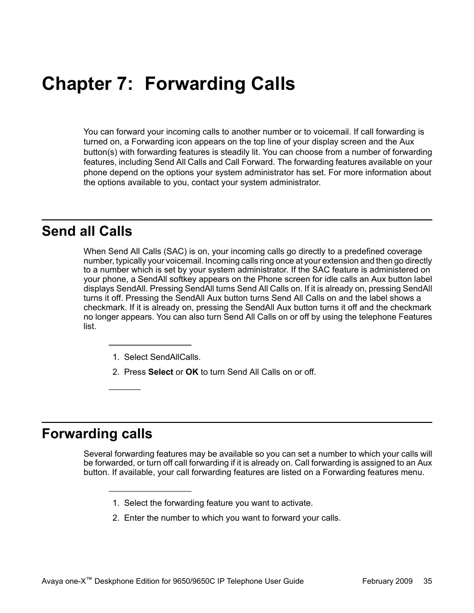 Chapter 7: forwarding calls, Send all calls, Forwarding calls | Send all calls forwarding calls | Avaya 9650C User Manual | Page 35 / 62