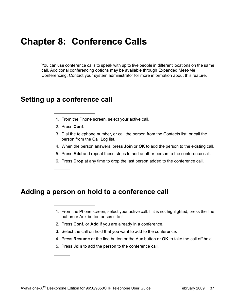 Chapter 8: conference calls, Setting up a conference call, Adding a person on hold to a conference call | Avaya 9650C User Manual | Page 37 / 62