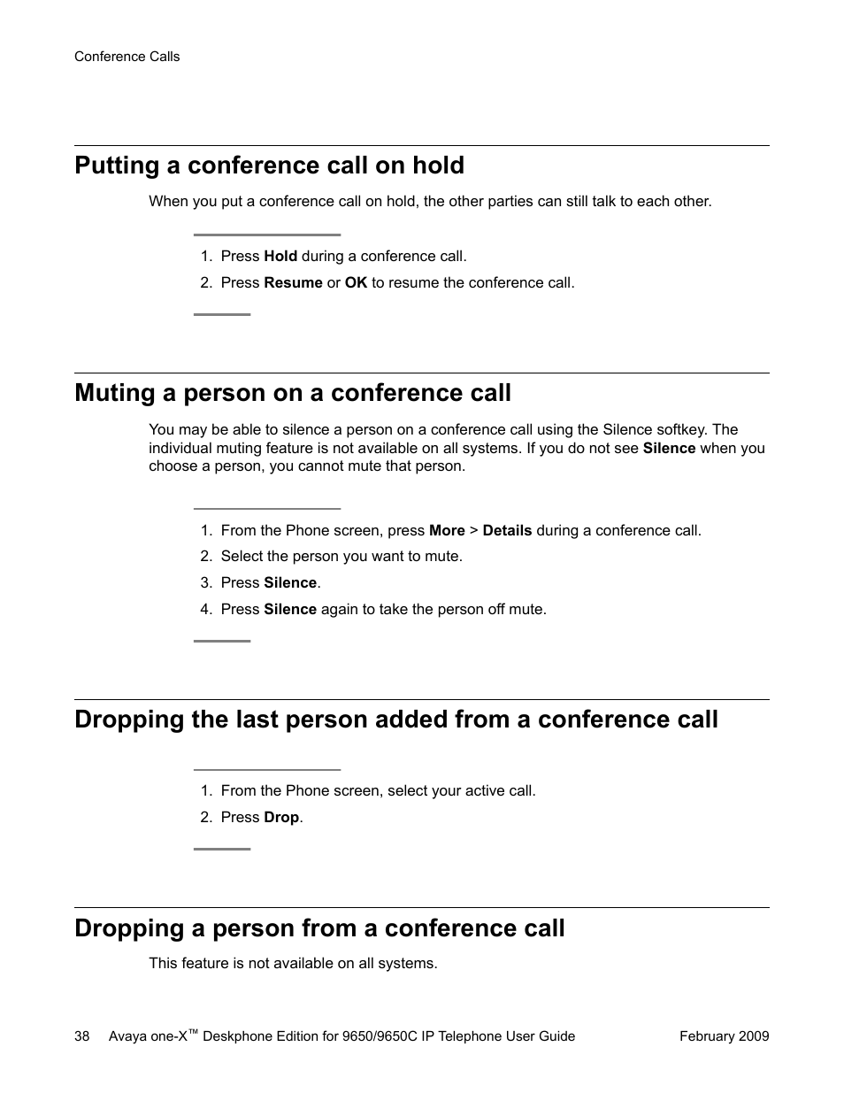 Putting a conference call on hold, Muting a person on a conference call, Dropping a person from a conference call | Avaya 9650C User Manual | Page 38 / 62