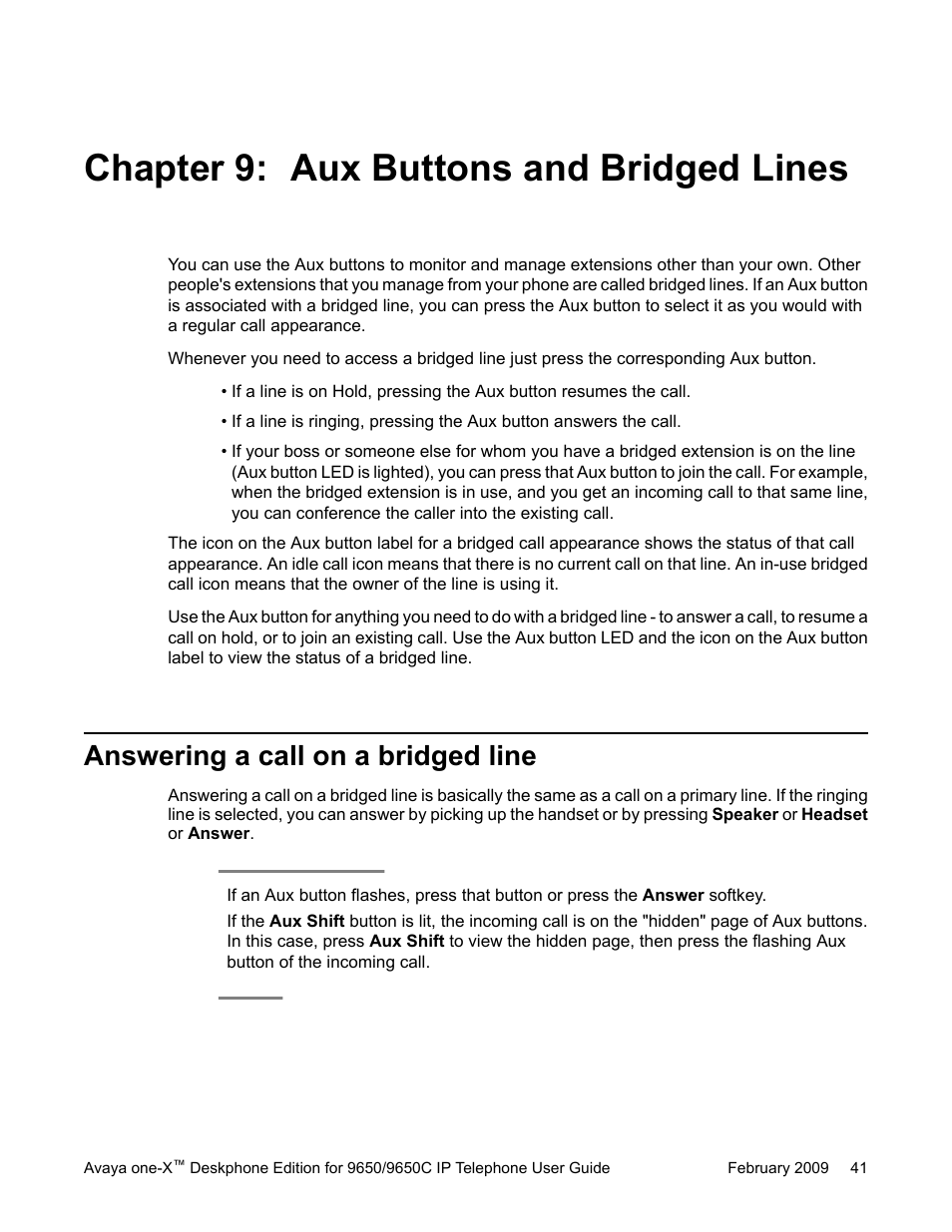 Chapter 9: aux buttons and bridged lines, Answering a call on a bridged line | Avaya 9650C User Manual | Page 41 / 62