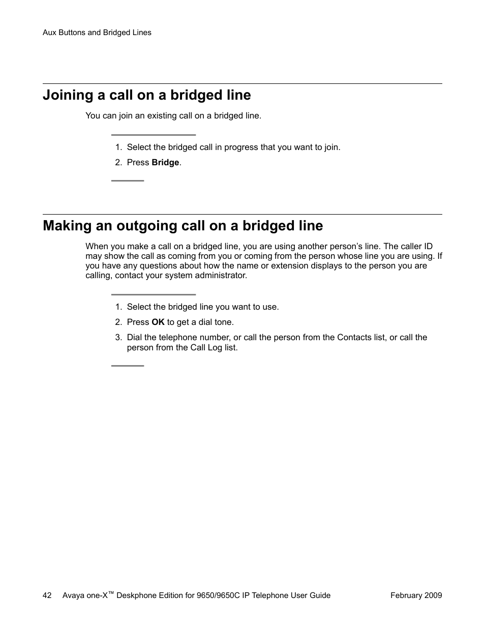 Joining a call on a bridged line, Making an outgoing call on a bridged line | Avaya 9650C User Manual | Page 42 / 62