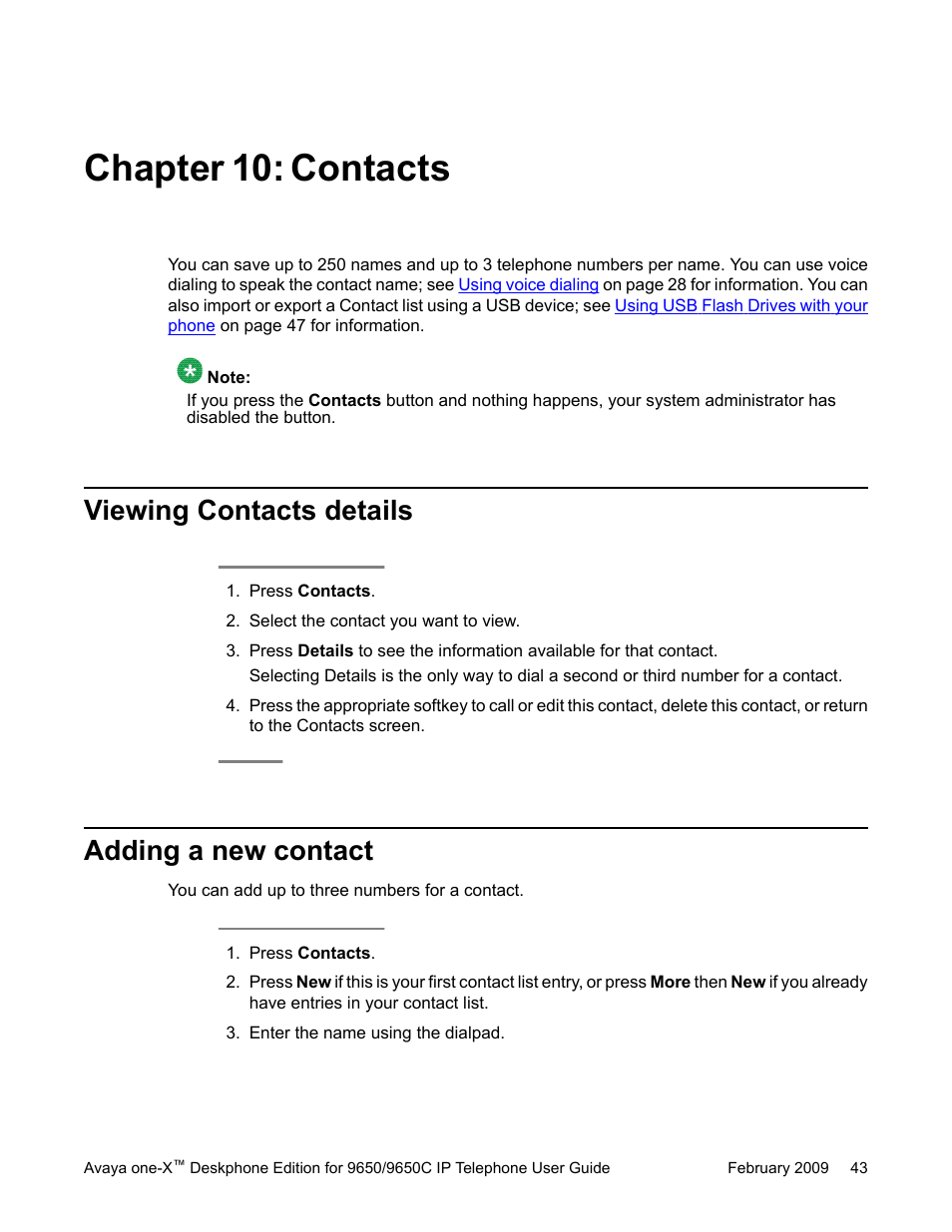 Chapter 10: contacts, Viewing contacts details, Adding a new contact | Viewing contacts details adding a new contact | Avaya 9650C User Manual | Page 43 / 62