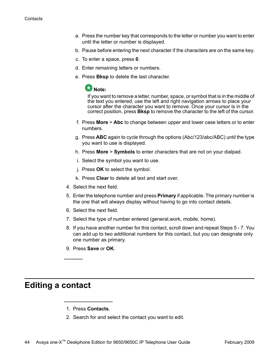 Editing a contact | Avaya 9650C User Manual | Page 44 / 62