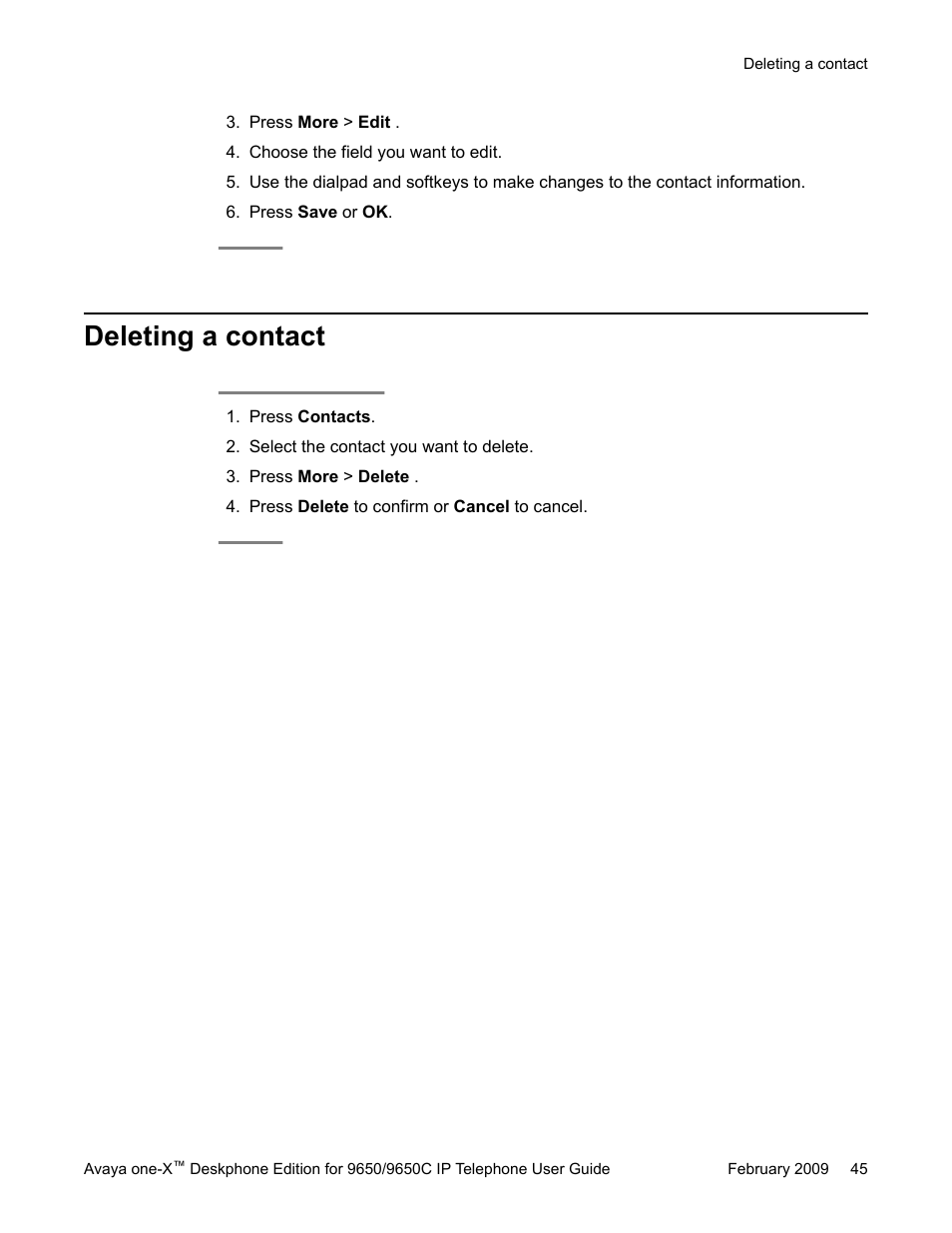 Deleting a contact | Avaya 9650C User Manual | Page 45 / 62