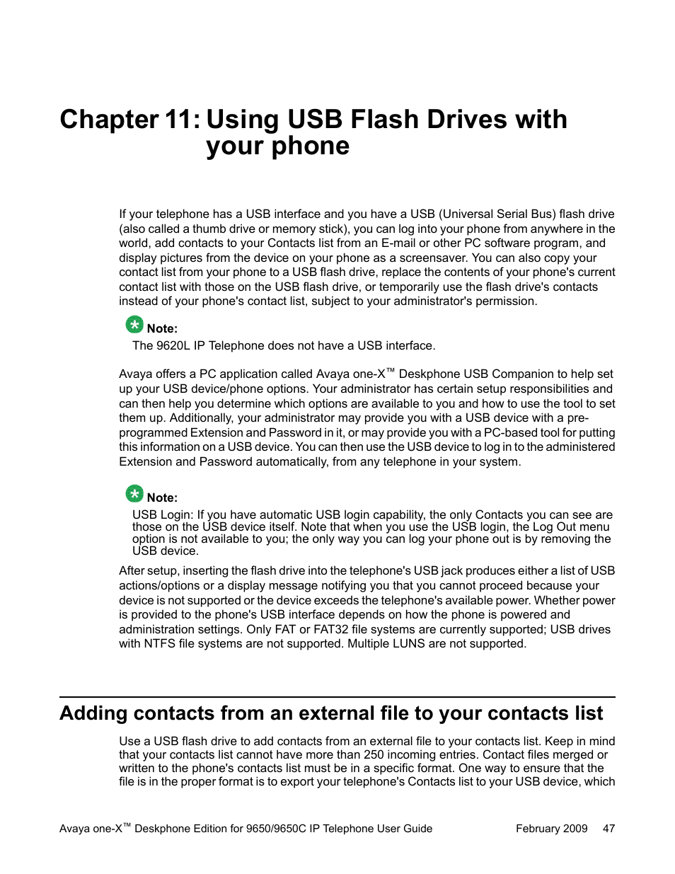 Chapter 11: using usb flash drives with your phone, Using usb flash drives with your, Phone | Avaya 9650C User Manual | Page 47 / 62