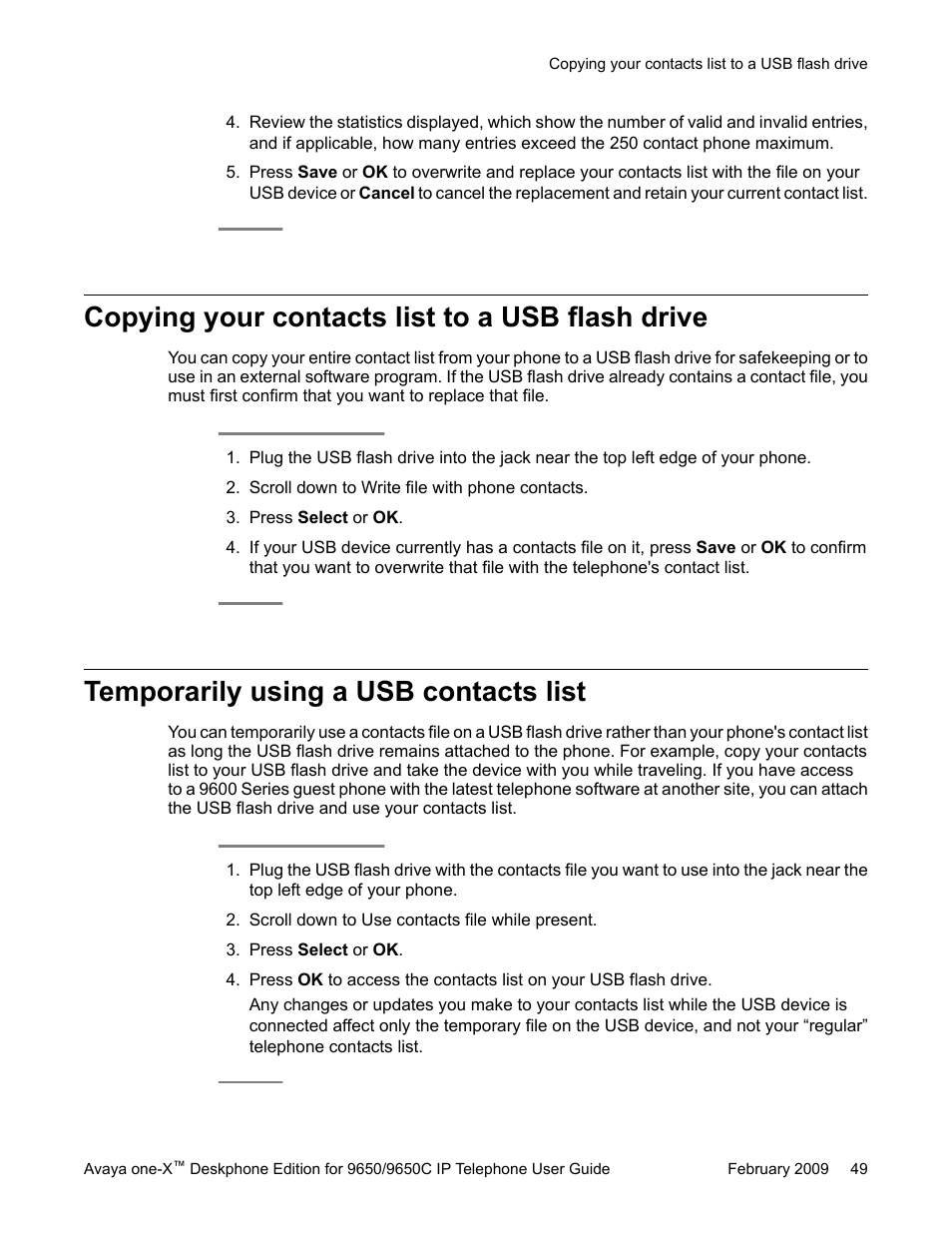 Copying your contacts list to a usb flash drive, Temporarily using a usb contacts list | Avaya 9650C User Manual | Page 49 / 62