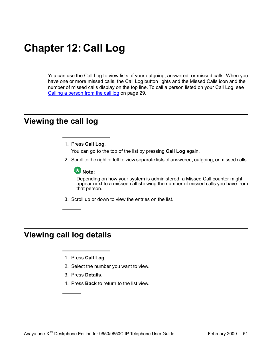 Chapter 12: call log, Viewing the call log, Viewing call log details | Viewing the call log viewing call log details | Avaya 9650C User Manual | Page 51 / 62