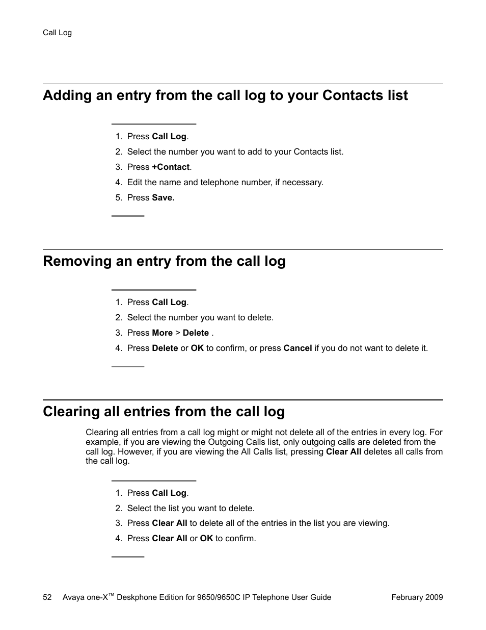 Removing an entry from the call log, Clearing all entries from the call log | Avaya 9650C User Manual | Page 52 / 62