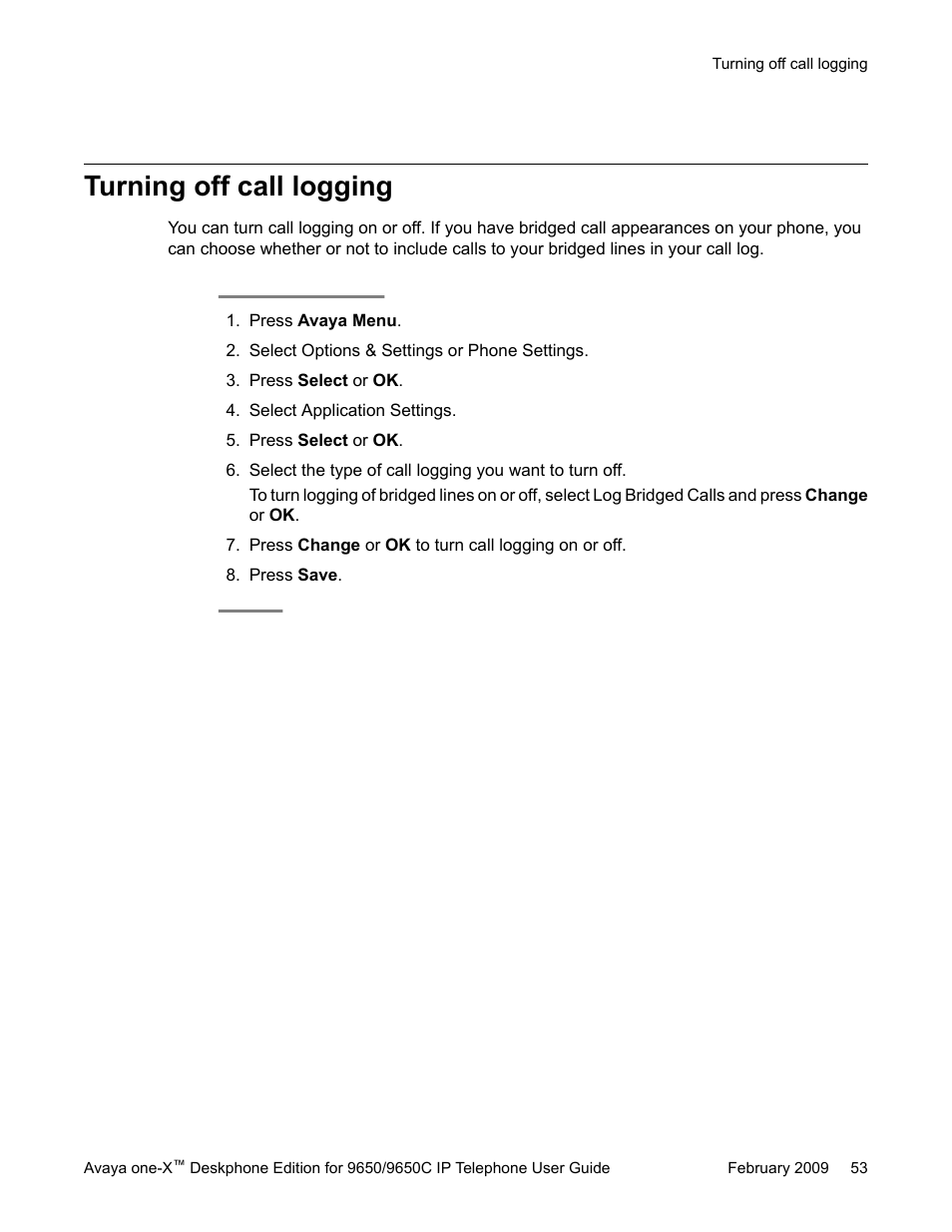 Turning off call logging | Avaya 9650C User Manual | Page 53 / 62