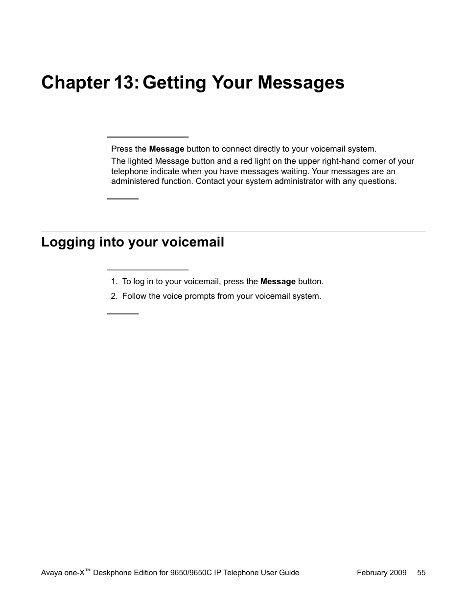 Chapter 13: getting your messages, Logging into your voicemail | Avaya 9650C User Manual | Page 55 / 62