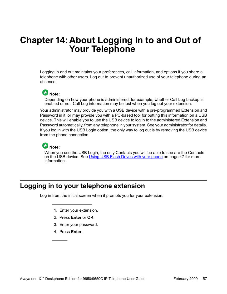 Logging in to your telephone extension | Avaya 9650C User Manual | Page 57 / 62