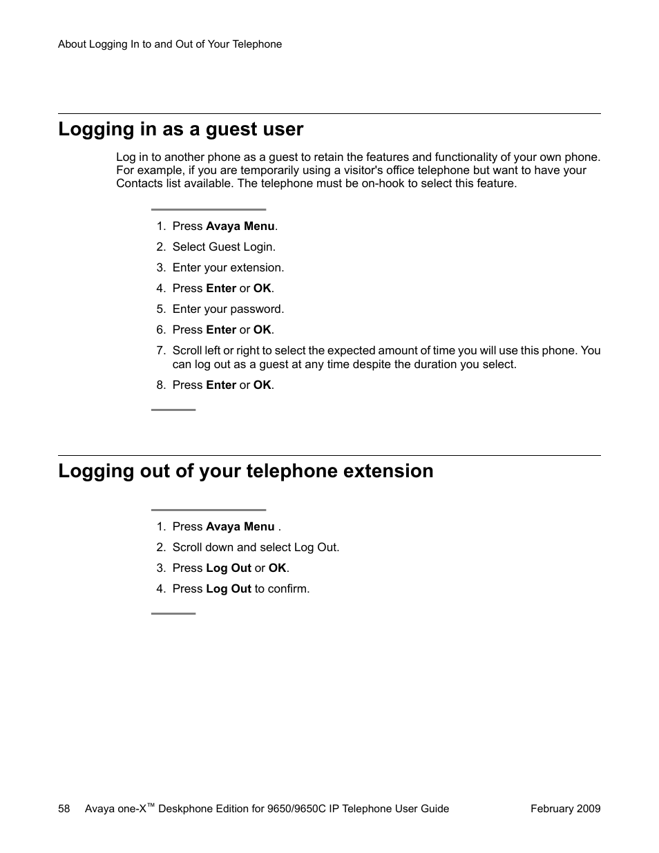 Logging in as a guest user, Logging out of your telephone extension | Avaya 9650C User Manual | Page 58 / 62