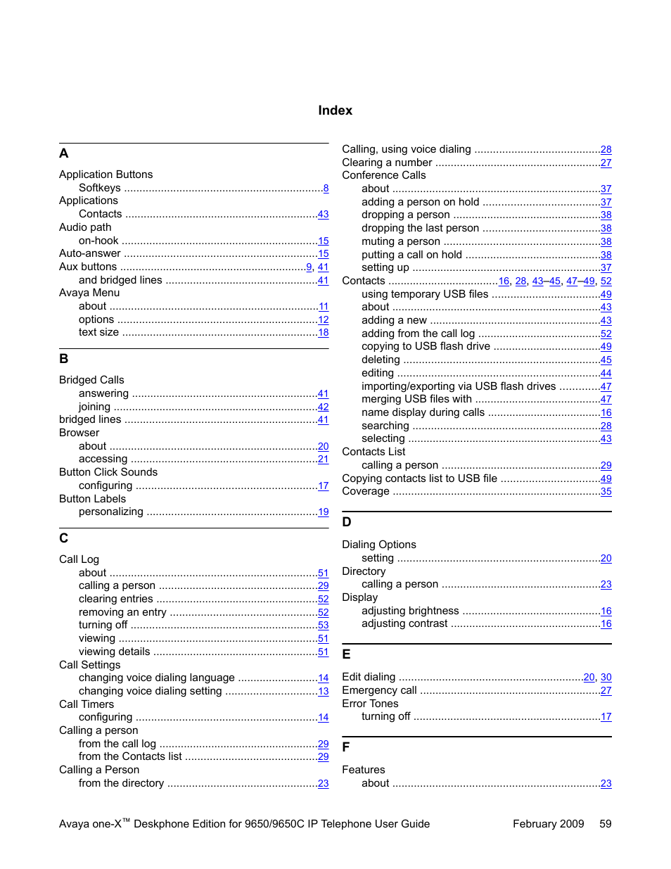 Index | Avaya 9650C User Manual | Page 59 / 62