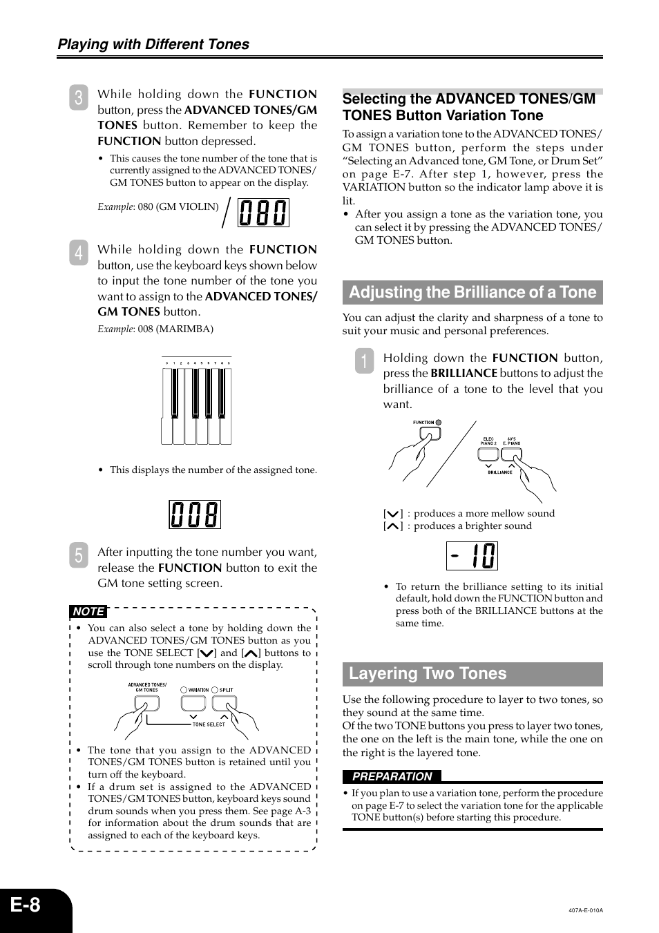 Adjusting the brilliance of a tone, Layering two tones, Playing with different tones | Casio PX-310 User Manual | Page 10 / 39