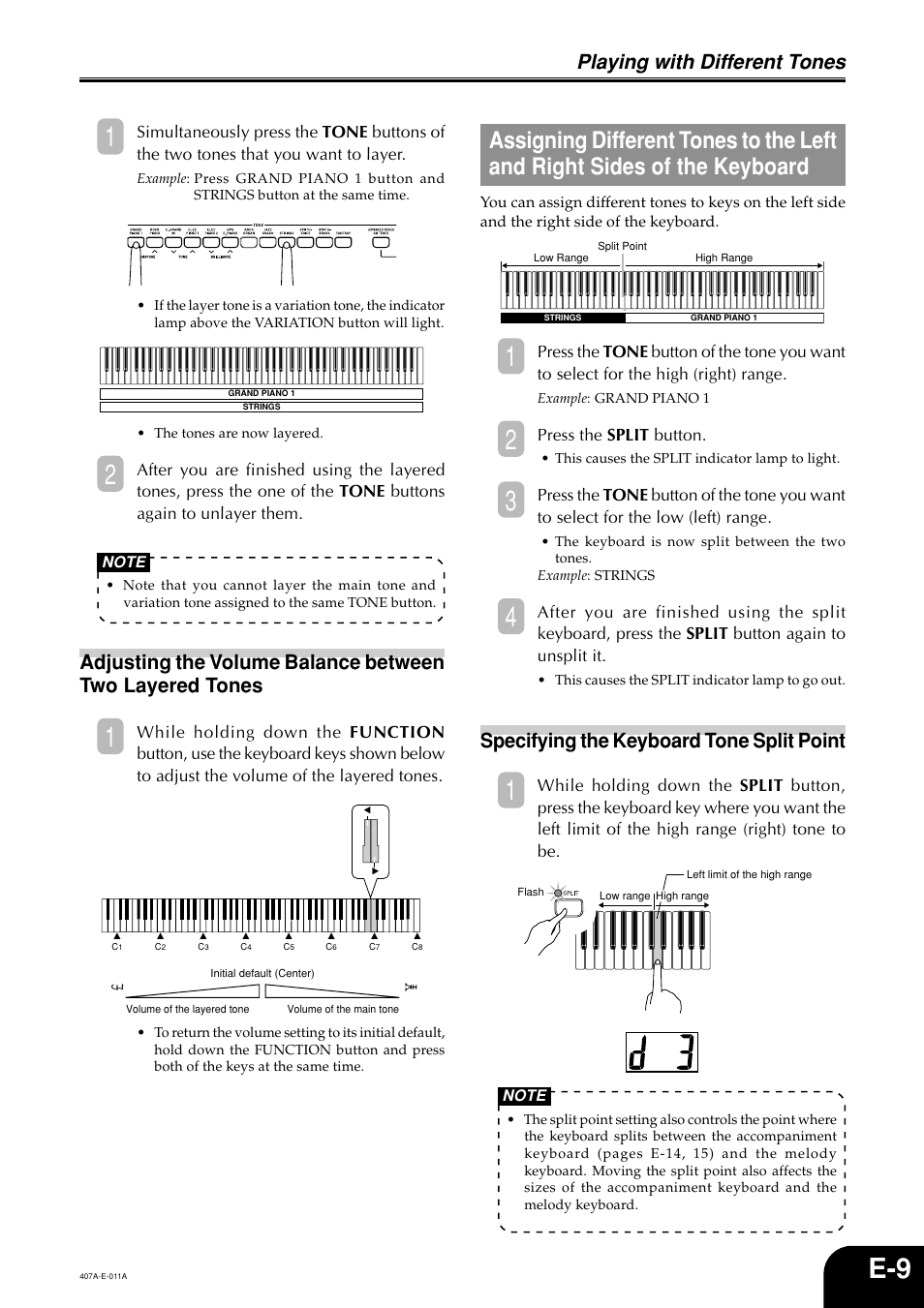 Playing with different tones, Specifying the keyboard tone split point | Casio PX-310 User Manual | Page 11 / 39