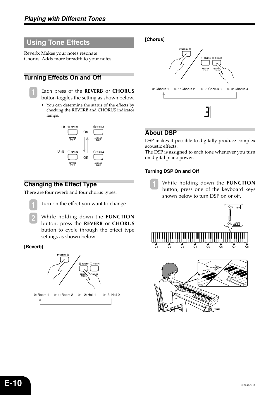 E-10, Using tone effects, Playing with different tones | Turning effects on and off, Changing the effect type, About dsp, Turn on the effect you want to change | Casio PX-310 User Manual | Page 12 / 39