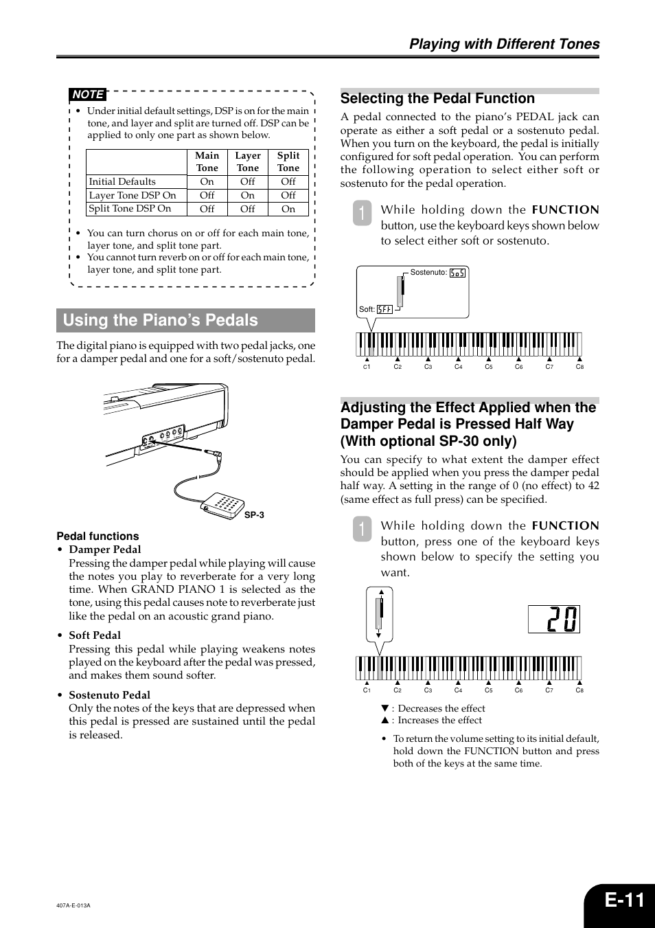 E-11, Using the piano’s pedals, Playing with different tones | Selecting the pedal function | Casio PX-310 User Manual | Page 13 / 39