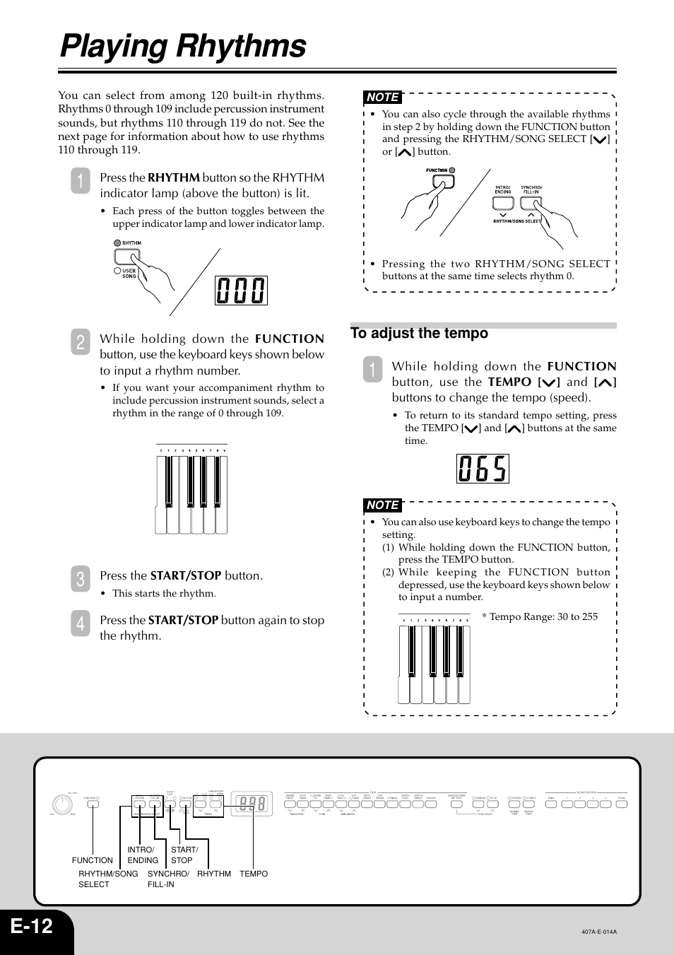 Playing rhythms, E-12 | Casio PX-310 User Manual | Page 14 / 39