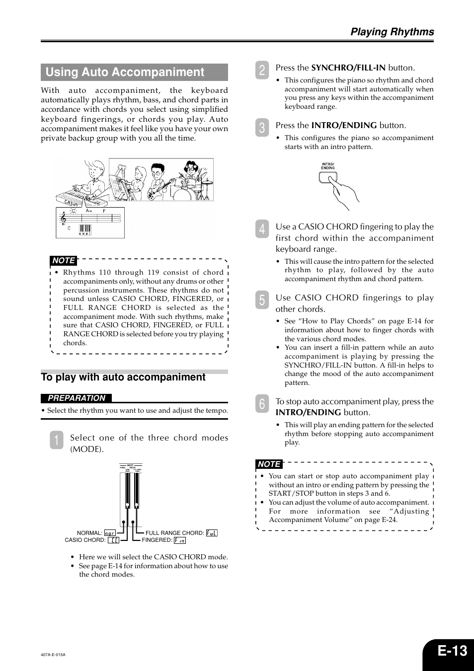 E-13, Using auto accompaniment, Playing rhythms | Casio PX-310 User Manual | Page 15 / 39