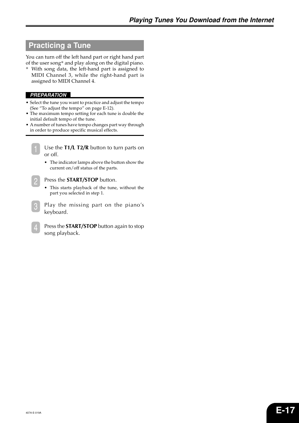 E-17, Practicing a tune | Casio PX-310 User Manual | Page 19 / 39