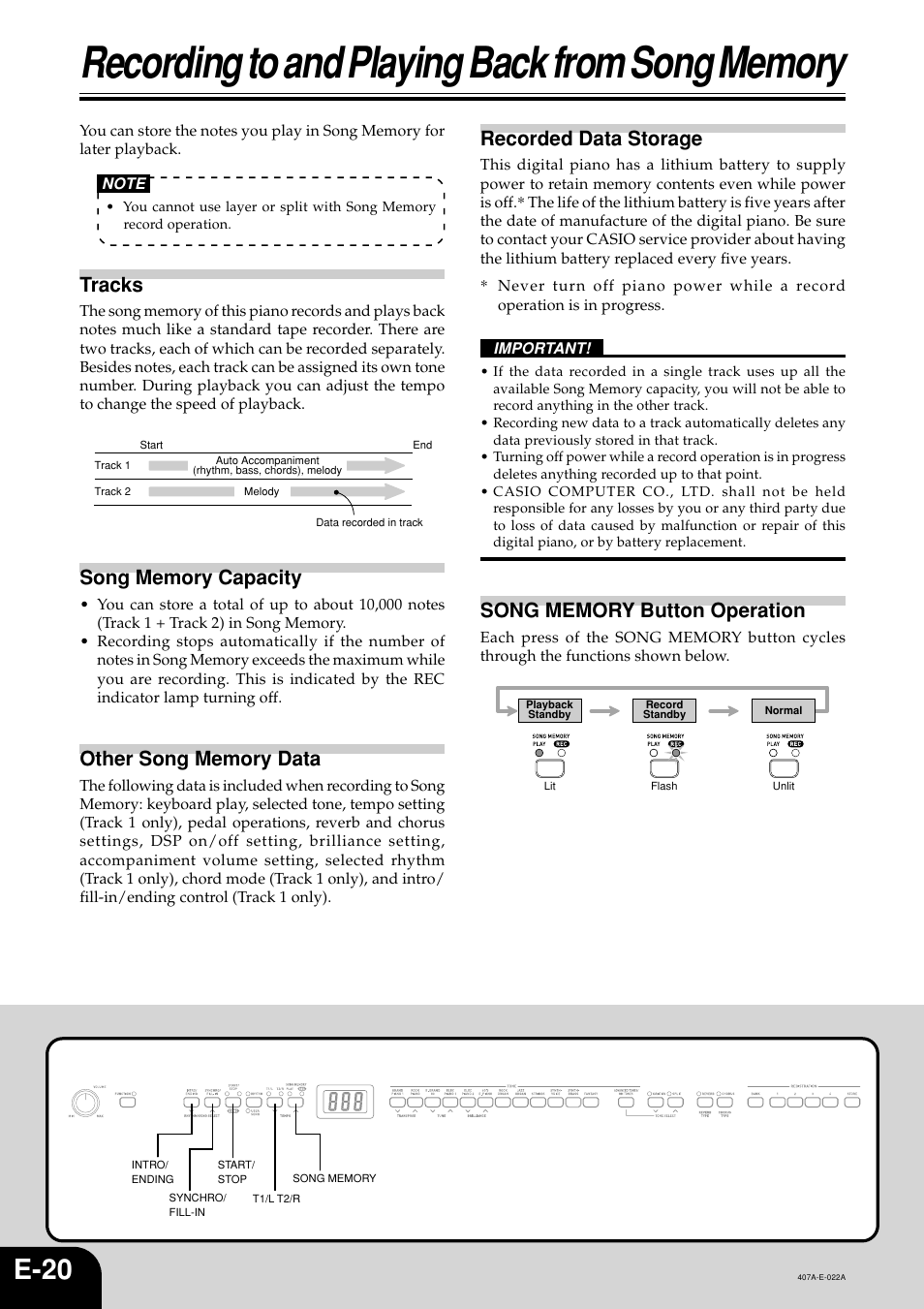 E-20, Tracks, Recorded data storage | Casio PX-310 User Manual | Page 22 / 39