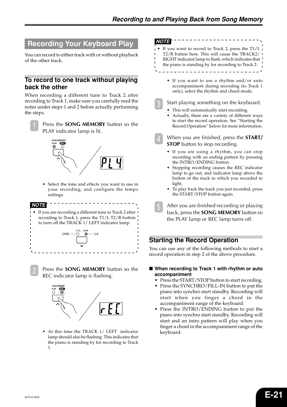 E-21, Recording your keyboard play | Casio PX-310 User Manual | Page 23 / 39