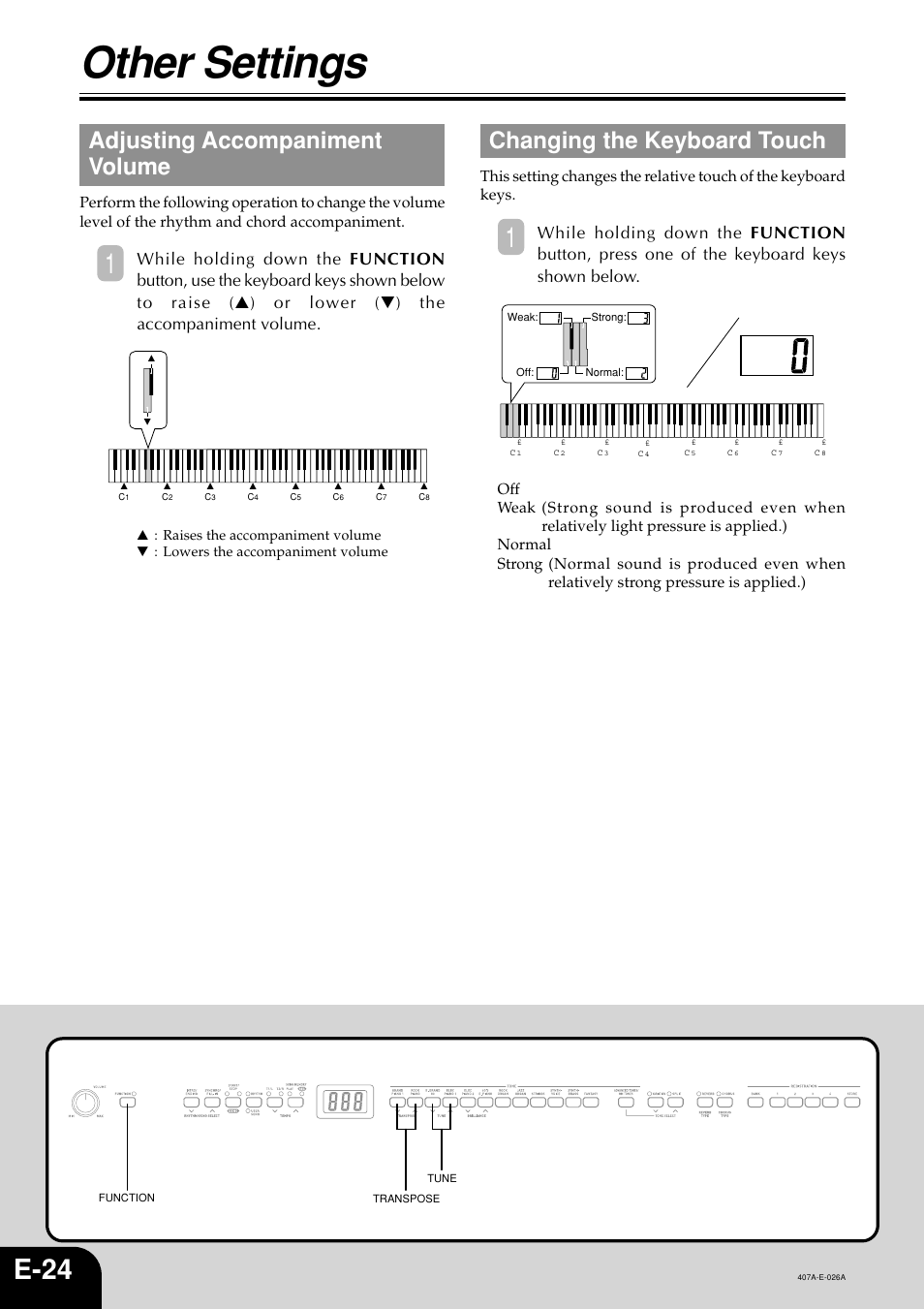 Other settings, E-24, Adjusting accompaniment volume | Changing the keyboard touch | Casio PX-310 User Manual | Page 26 / 39