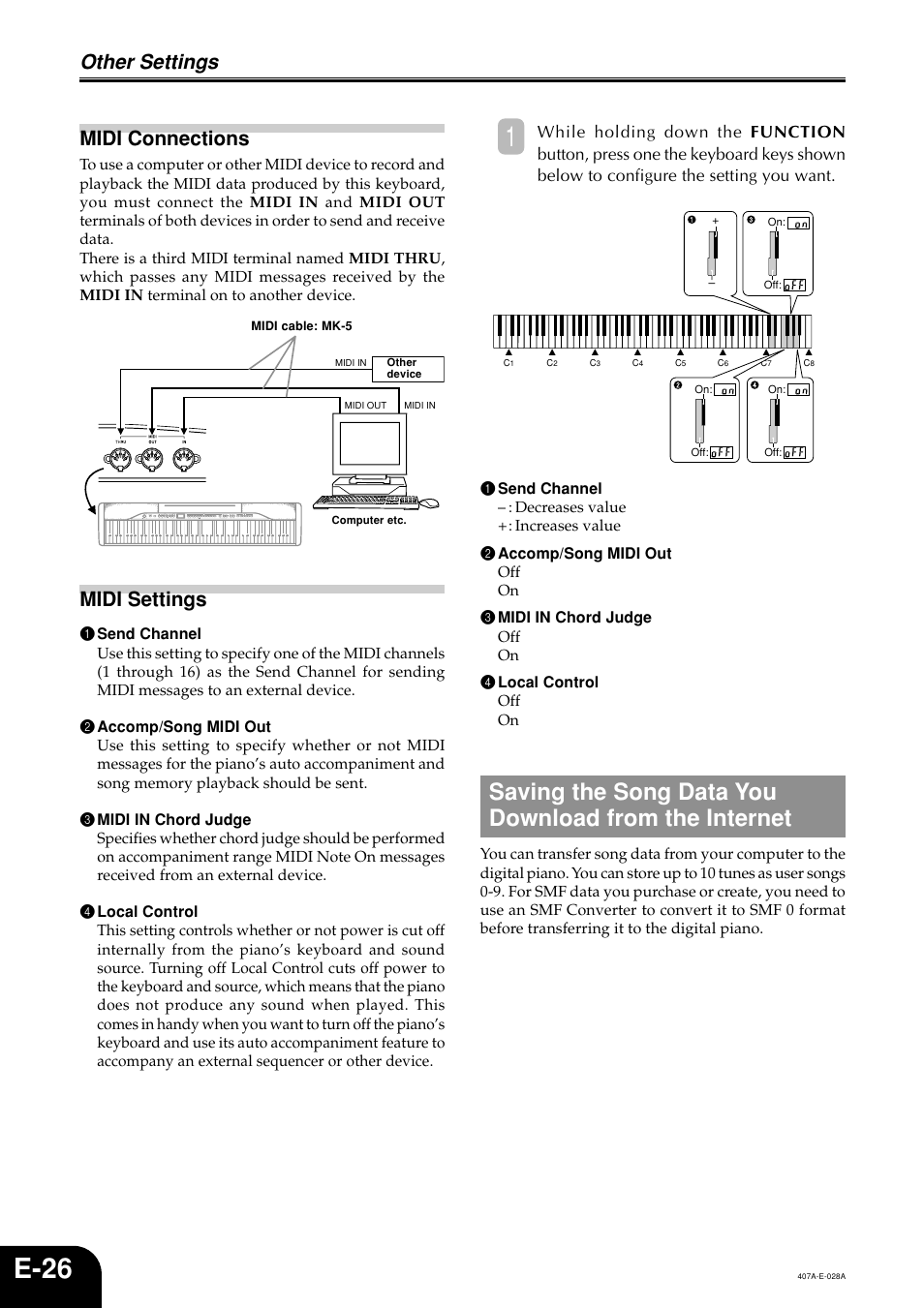 E-26, Other settings, Midi connections | Midi settings | Casio PX-310 User Manual | Page 28 / 39