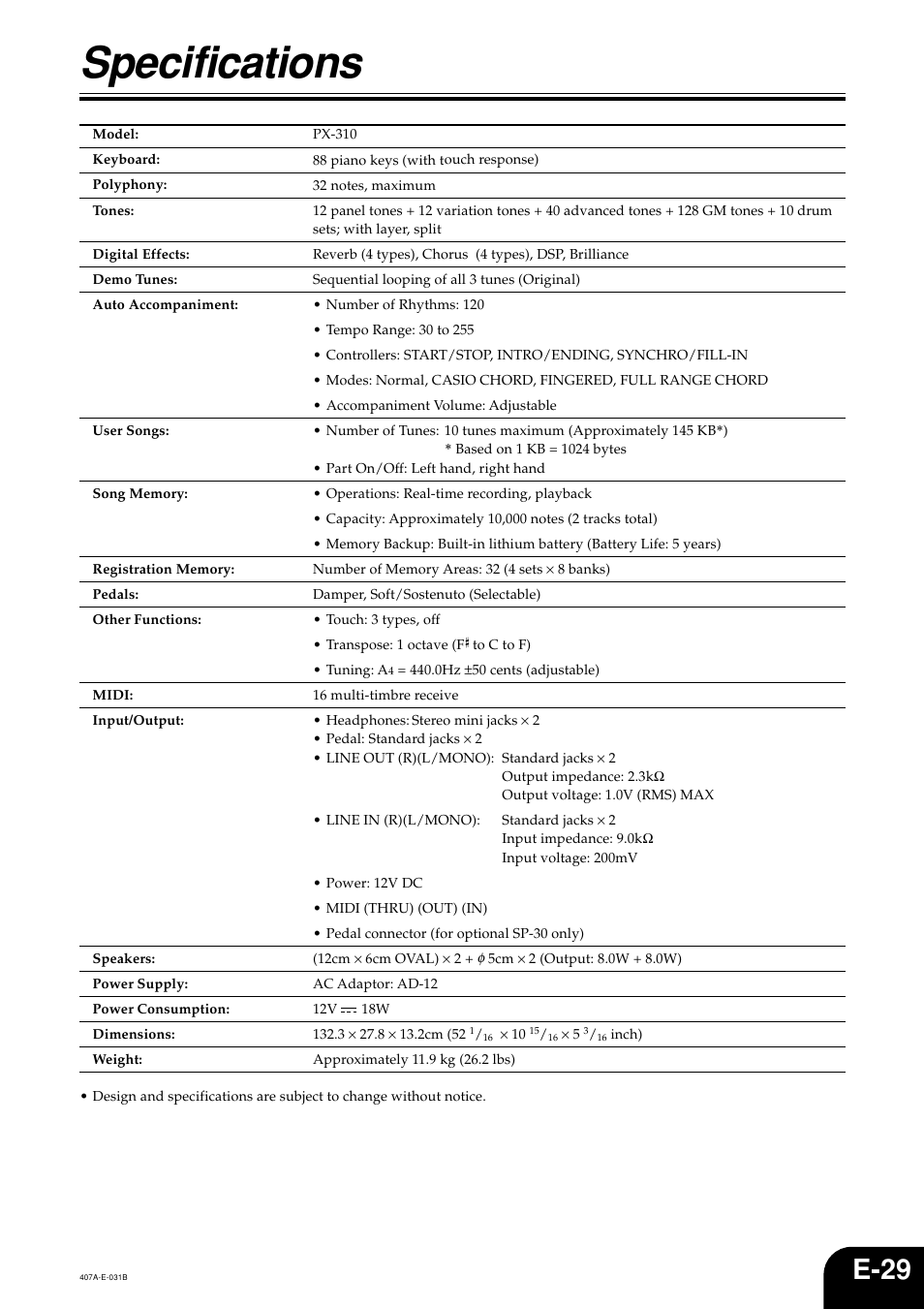 Specifications, E-29 | Casio PX-310 User Manual | Page 31 / 39