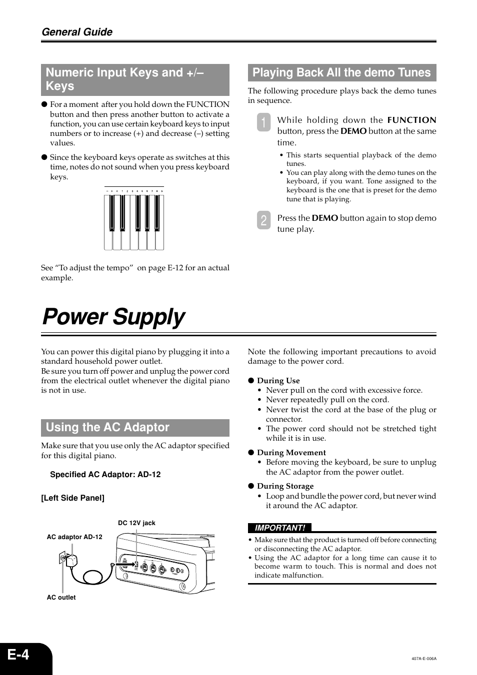 Power supply, Numeric input keys and +/– keys, Playing back all the demo tunes | Using the ac adaptor, General guide | Casio PX-310 User Manual | Page 6 / 39