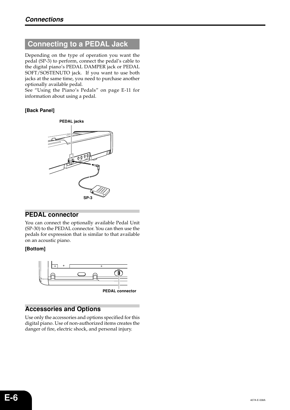 Connecting to a pedal jack, Connections | Casio PX-310 User Manual | Page 8 / 39