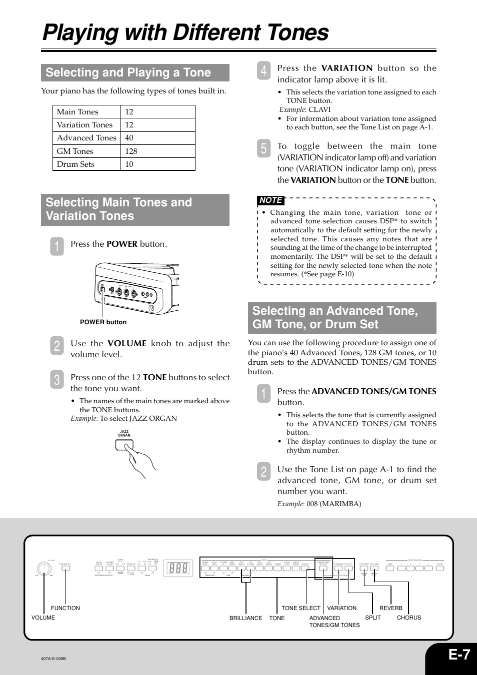 Playing with different tones, Selecting and playing a tone, Selecting main tones and variation tones | Selecting an advanced tone, gm tone, or drum set | Casio PX-310 User Manual | Page 9 / 39