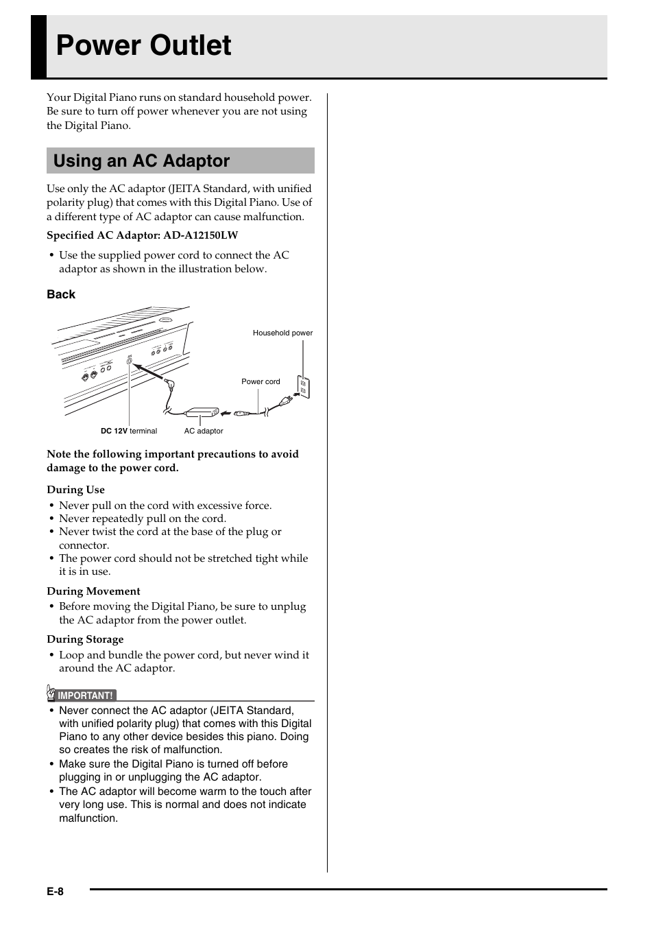 Power outlet, Using an ac adaptor | Casio Privia PX3ES1A User Manual | Page 10 / 70