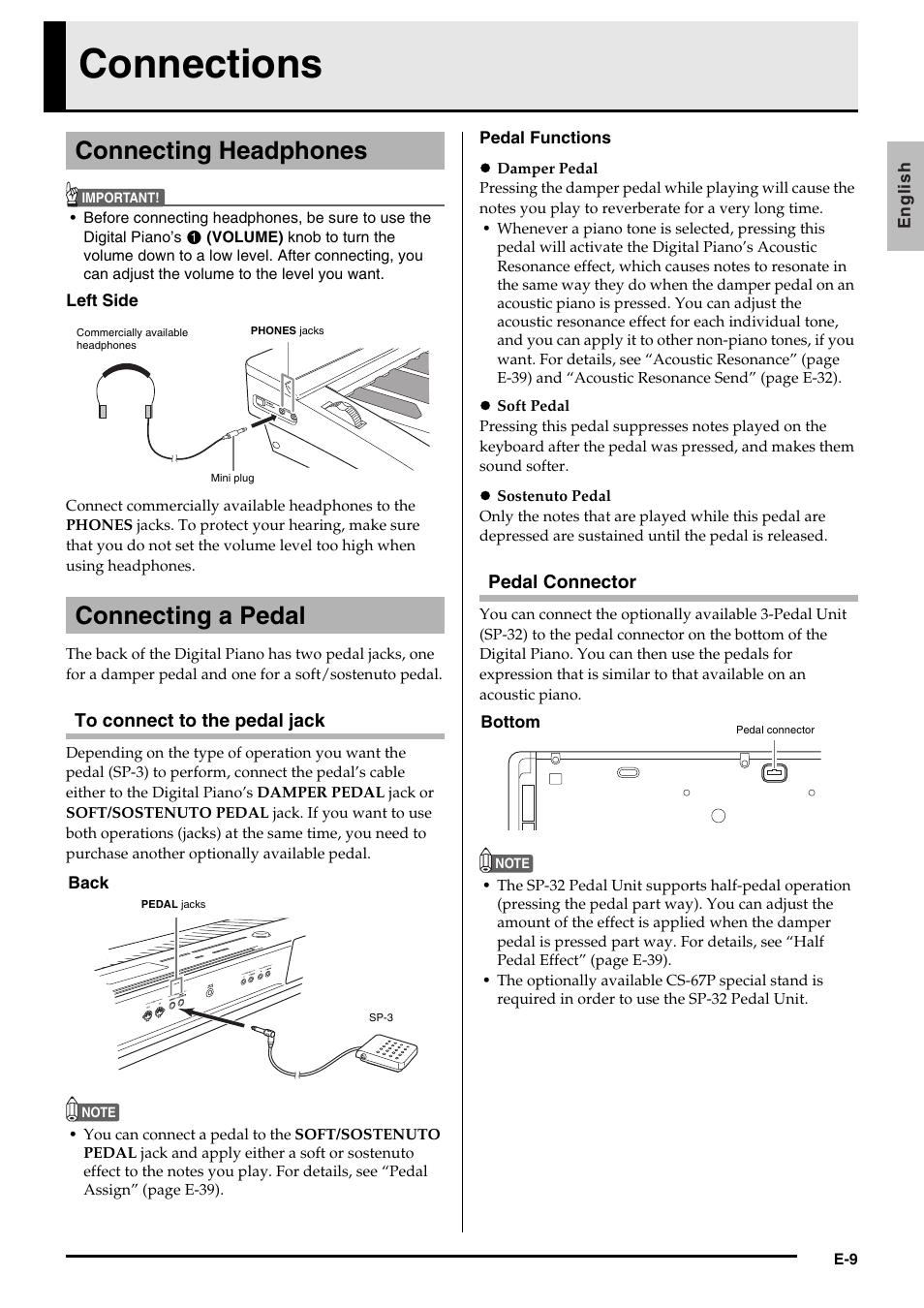 Connections, Connecting headphones connecting a pedal | Casio Privia PX3ES1A User Manual | Page 11 / 70