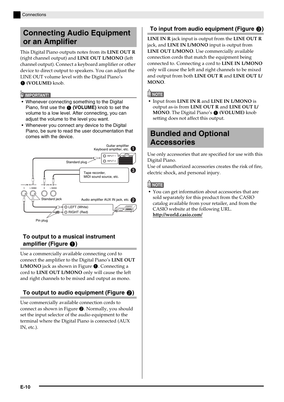Connecting audio equipment or an amplifier, Bundled and optional accessories | Casio Privia PX3ES1A User Manual | Page 12 / 70