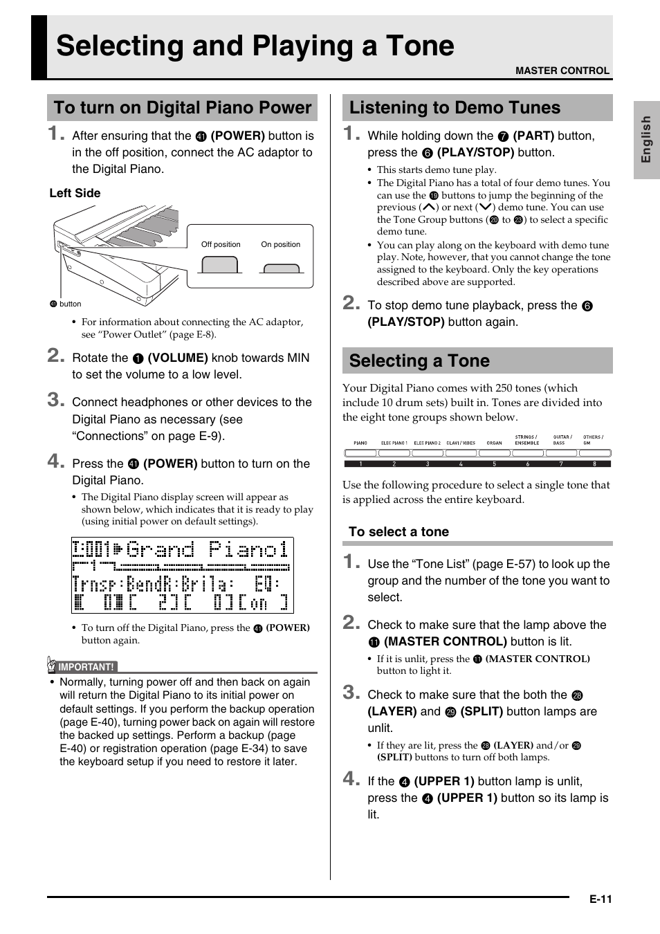 Selecting and playing a tone, Listening to demo tunes selecting a tone | Casio Privia PX3ES1A User Manual | Page 13 / 70