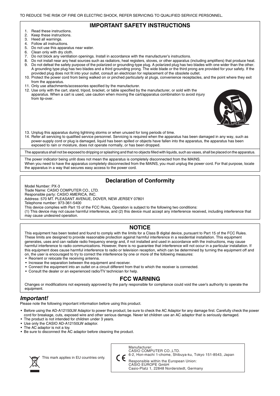 Important, Important safety instructions, Declaration of conformity | Notice, Fcc warning | Casio Privia PX3ES1A User Manual | Page 2 / 70