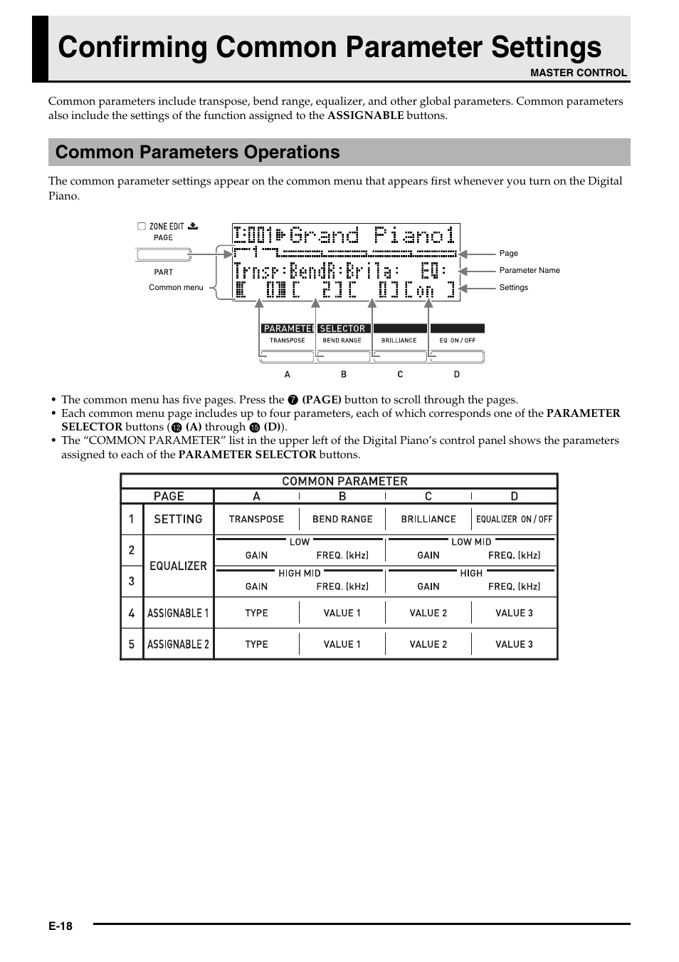 Confirming common parameter settings, Common parameters operations | Casio Privia PX3ES1A User Manual | Page 20 / 70