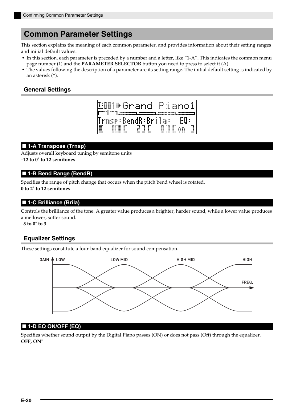 Common parameter settings, General settings, Equalizer settings | Casio Privia PX3ES1A User Manual | Page 22 / 70