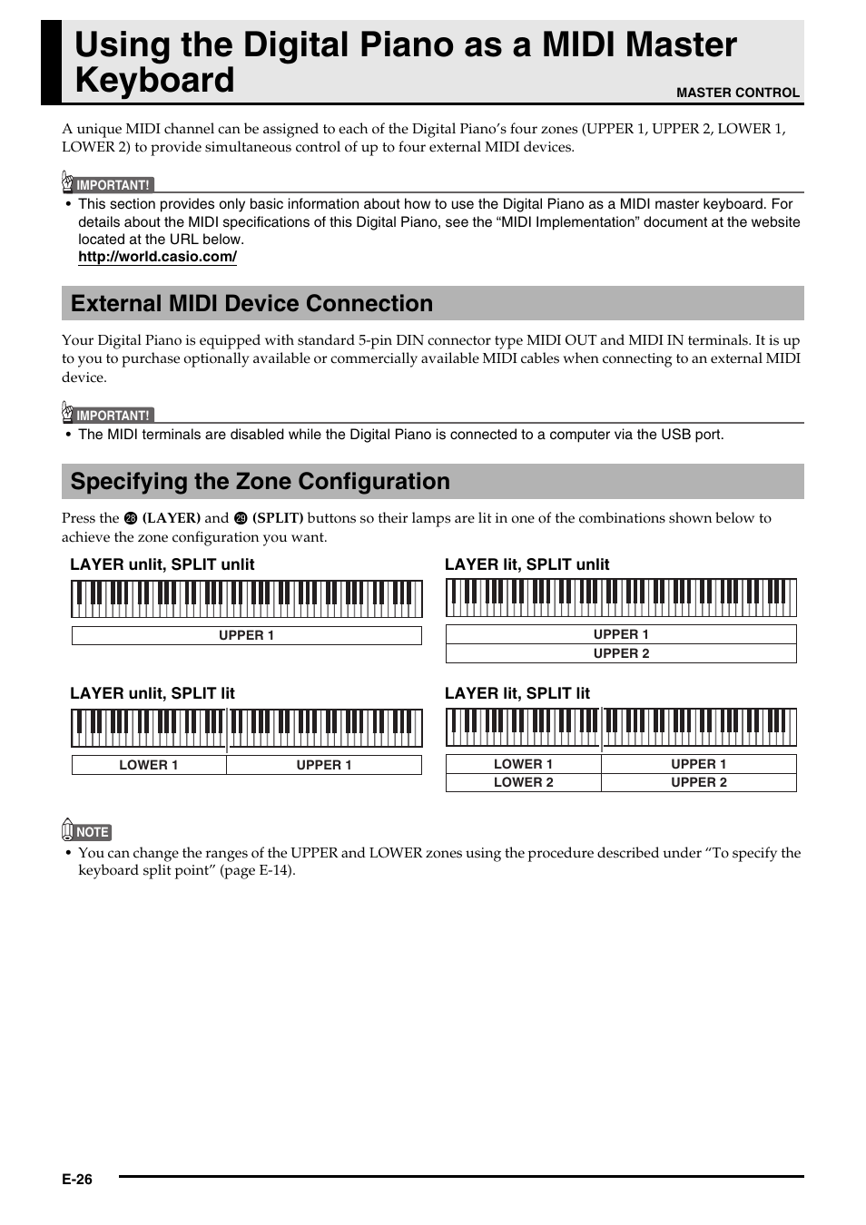 Using the digital piano as a midi master keyboard | Casio Privia PX3ES1A User Manual | Page 28 / 70