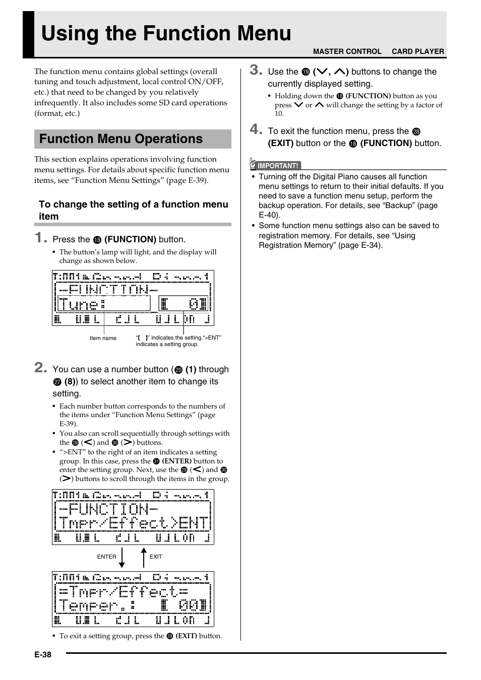Using the function menu, Function menu operations | Casio Privia PX3ES1A User Manual | Page 40 / 70