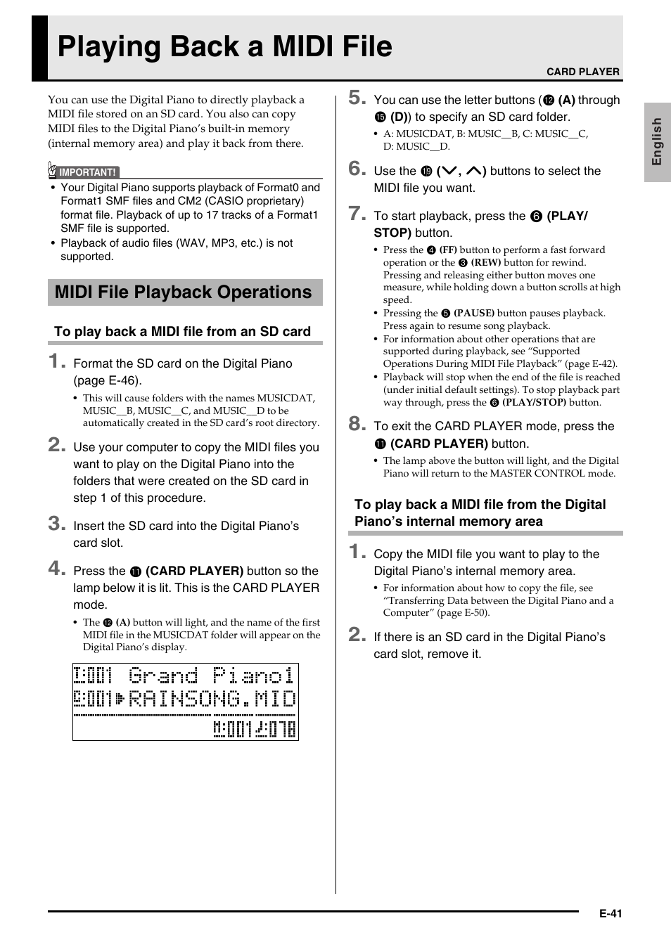 Playing back a midi file, Midi file playback operations | Casio Privia PX3ES1A User Manual | Page 43 / 70