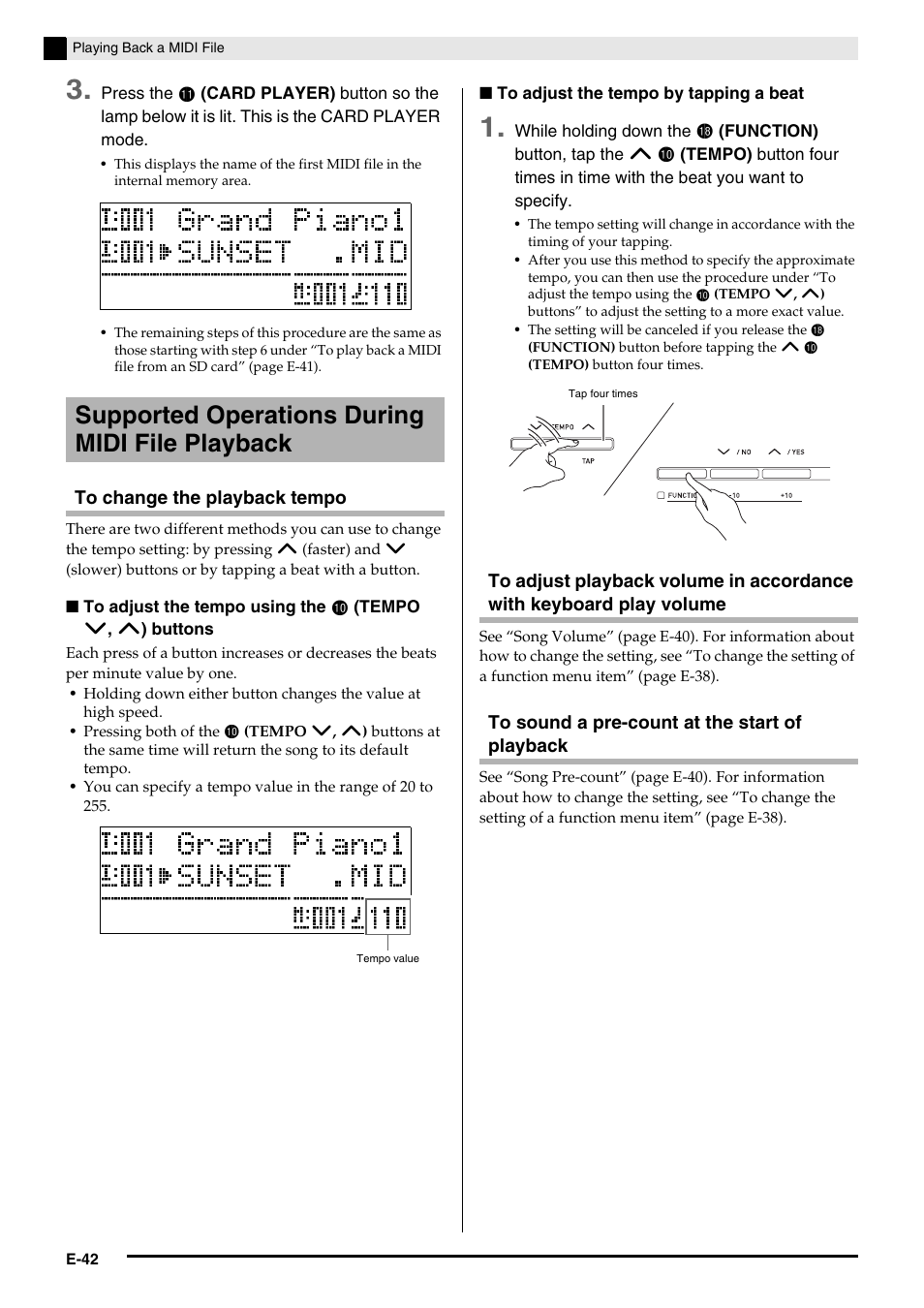 Supported operations during midi file playback | Casio Privia PX3ES1A User Manual | Page 44 / 70