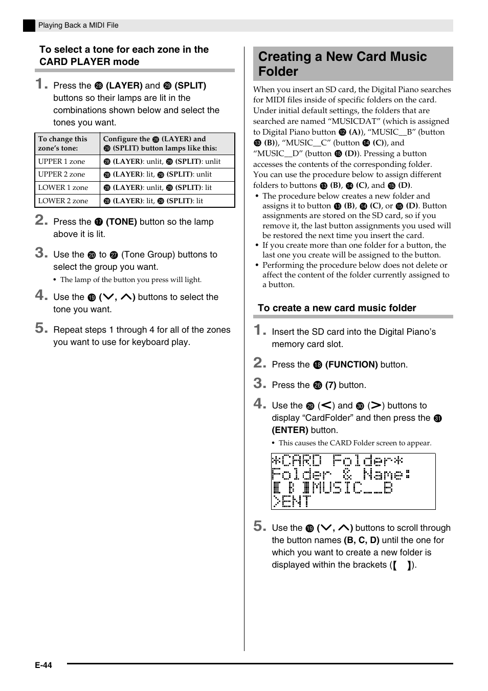 Creating a new card music folder | Casio Privia PX3ES1A User Manual | Page 46 / 70