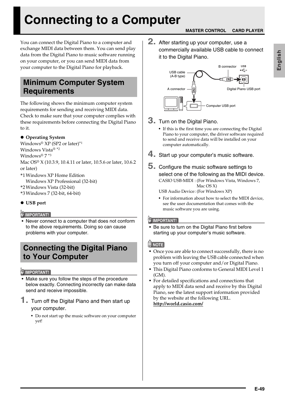 Connecting to a computer, Minimum computer system requirements, Connecting the digital piano to your computer | Casio Privia PX3ES1A User Manual | Page 51 / 70