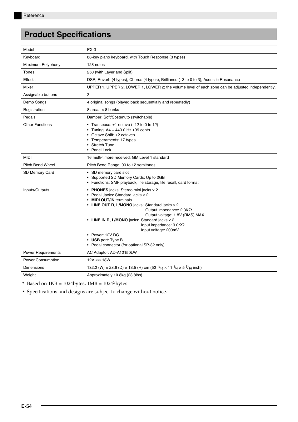 Product specifications | Casio Privia PX3ES1A User Manual | Page 56 / 70