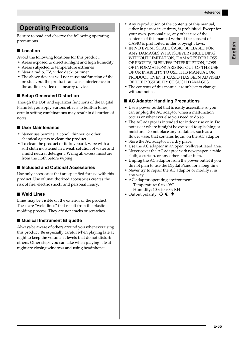 Operating precautions | Casio Privia PX3ES1A User Manual | Page 57 / 70